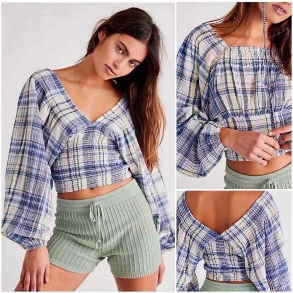 Free People Marlena Plaid Reversable Gauze Smocked Top NWOT Size S - Picture 16 of 16